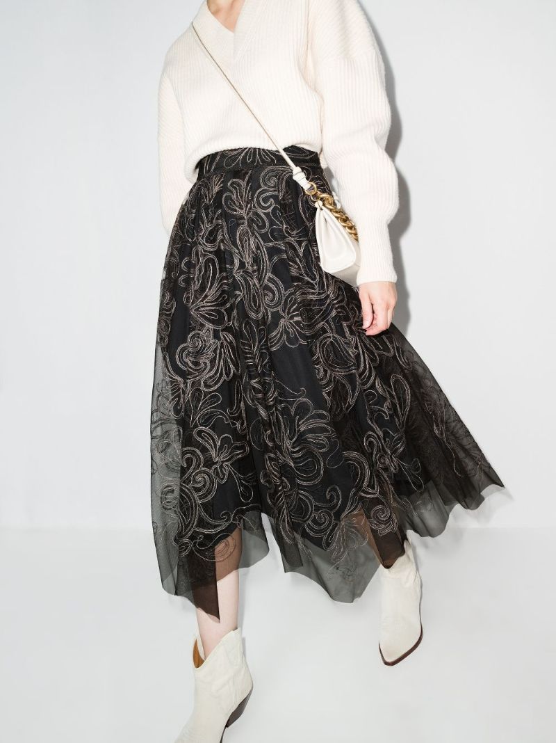 Asymmetric Embroidered Tulle Midi Skirt