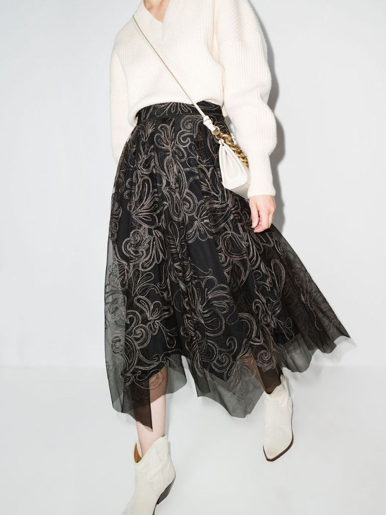 Asymmetric Embroidered Tulle Midi Skirt