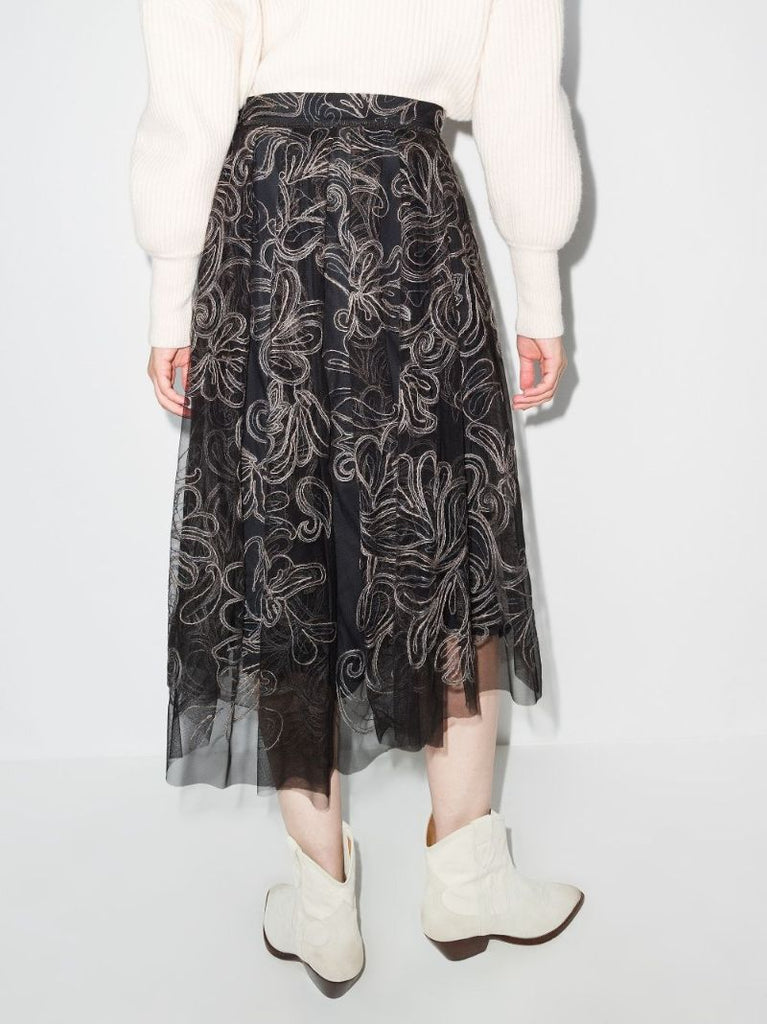 Asymmetric Embroidered Tulle Midi Skirt