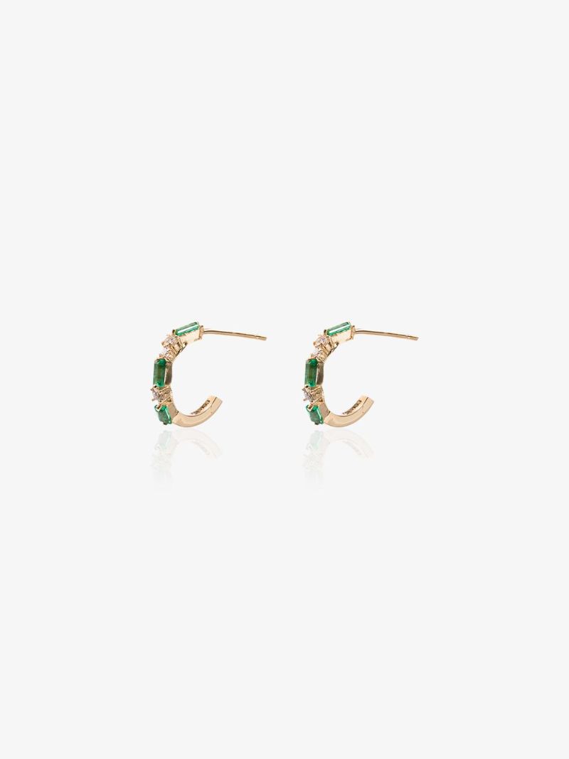 18k Yellow Gold Firework Diamond and Emerald Hoop Earrings