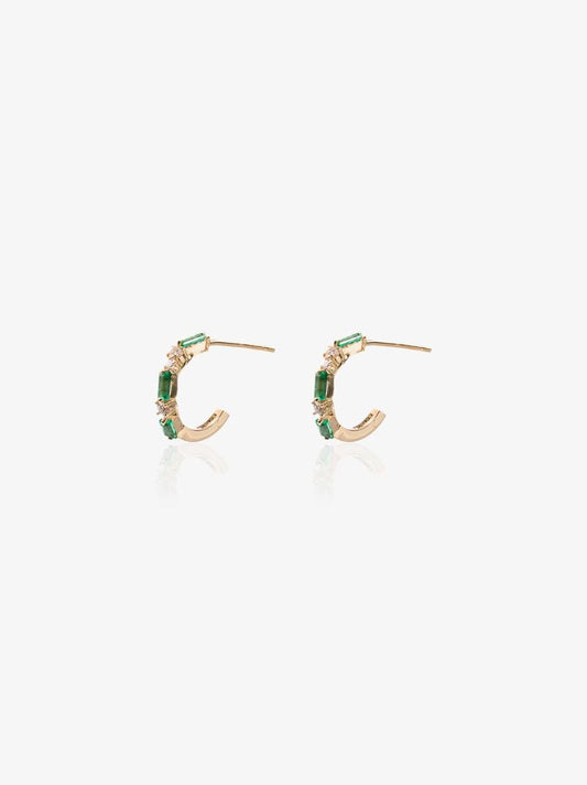 18k Yellow Gold Firework Diamond and Emerald Hoop Earrings