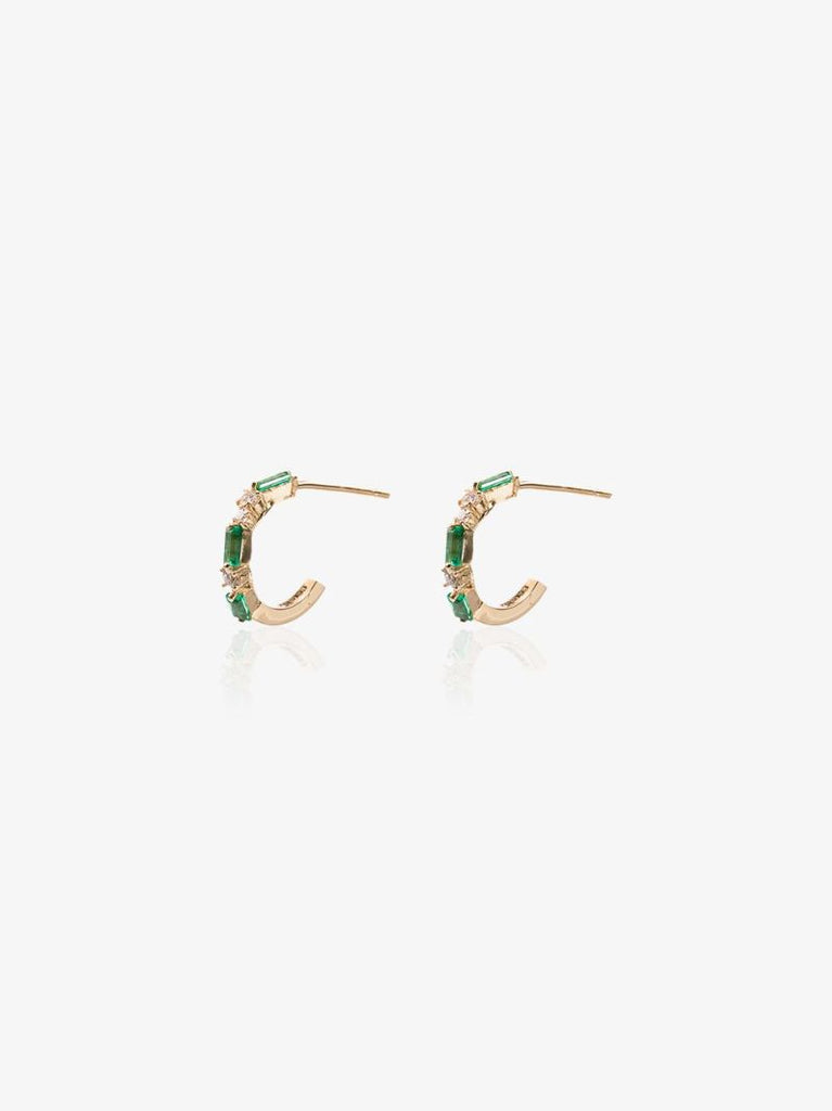 18k Yellow Gold Firework Diamond and Emerald Hoop Earrings