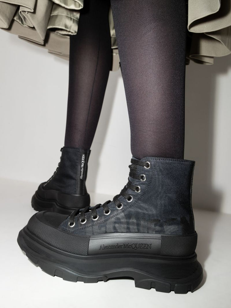 Black Tread Slick Lace-up Boots