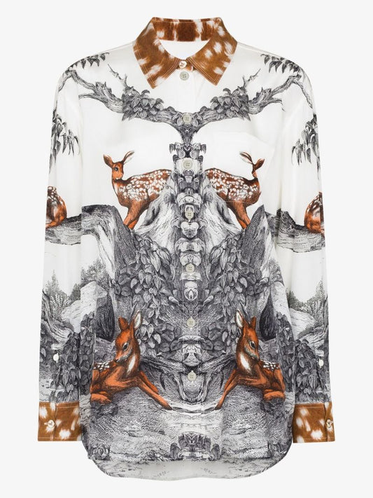 Carlota Deer Sketch Print Silk Shirt