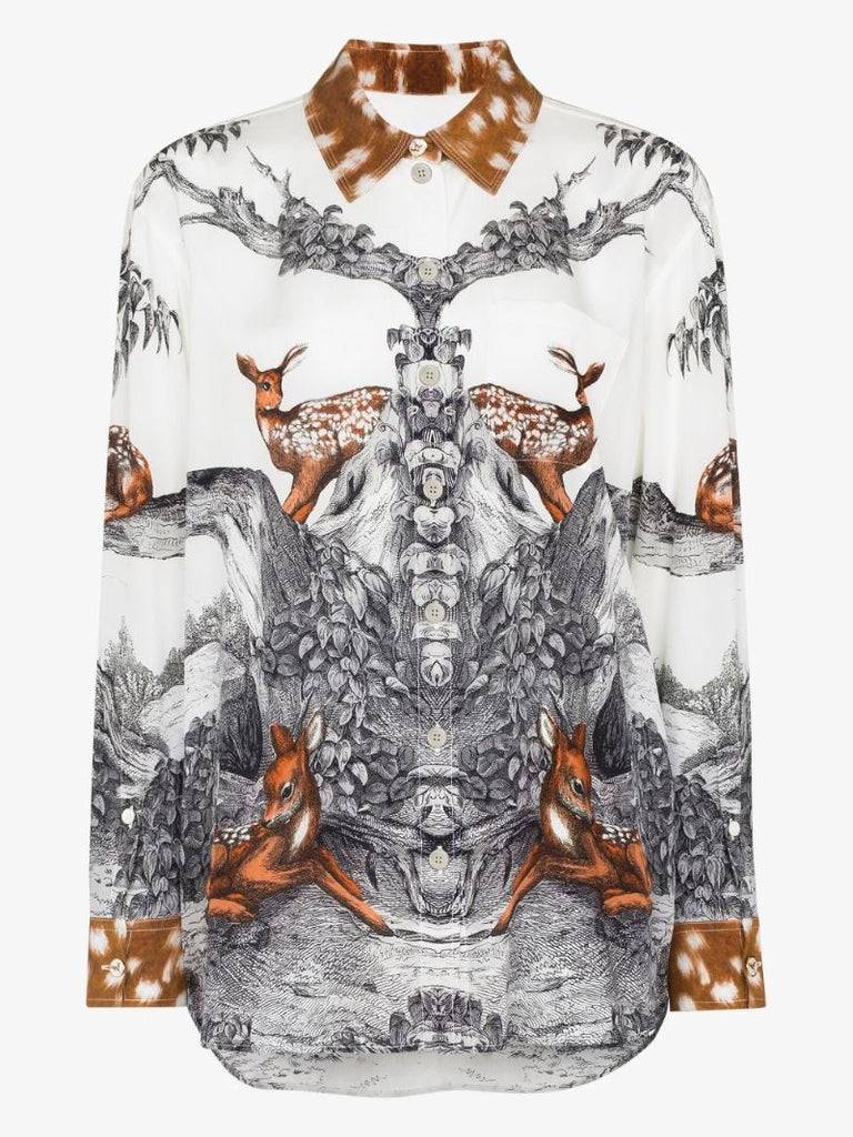 Carlota Deer Sketch Print Silk Shirt
