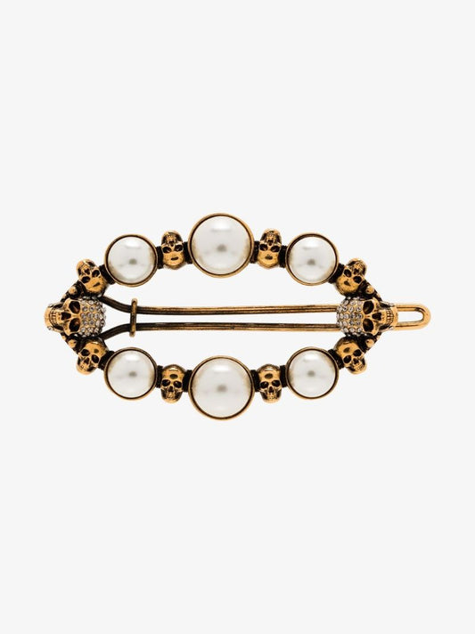 Gold-tone Pearl Skull Hair Clip