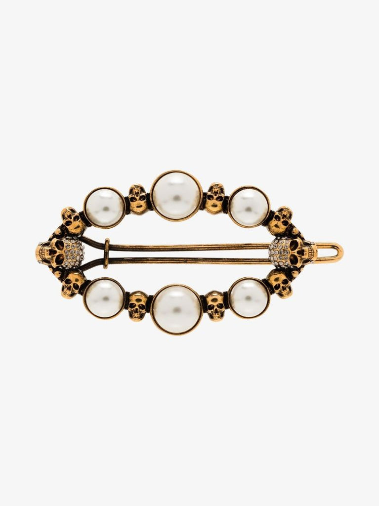 Gold-tone Pearl Skull Hair Clip