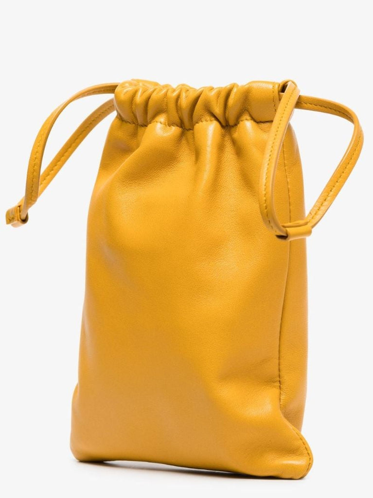 Yellow Drawstring Leather Pouch Bag