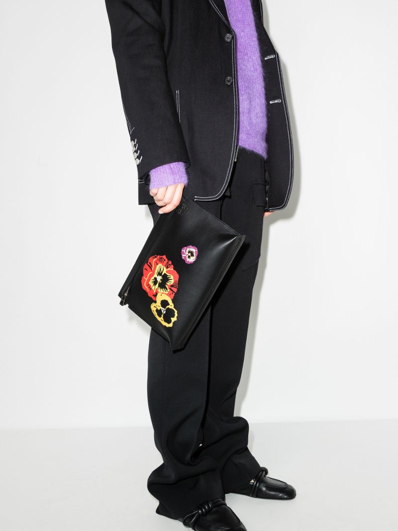 Black Pansies T Leather Clutch Bag