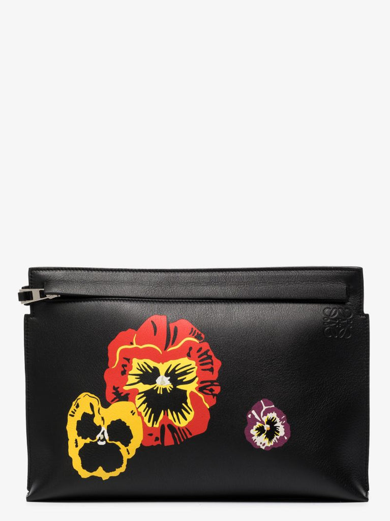 Black Pansies T Leather Clutch Bag