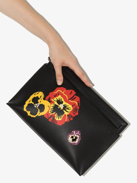 Black Pansies T Leather Clutch Bag
