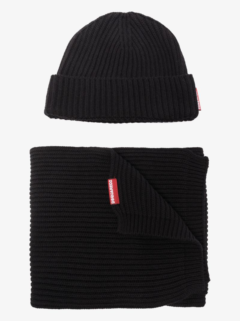 Black Ribbed Knit Hat and Scarf Set