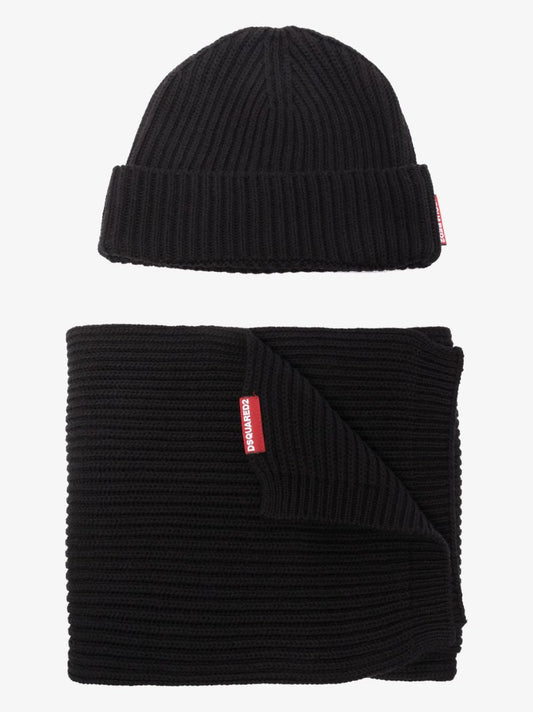 Black Ribbed Knit Hat and Scarf Set