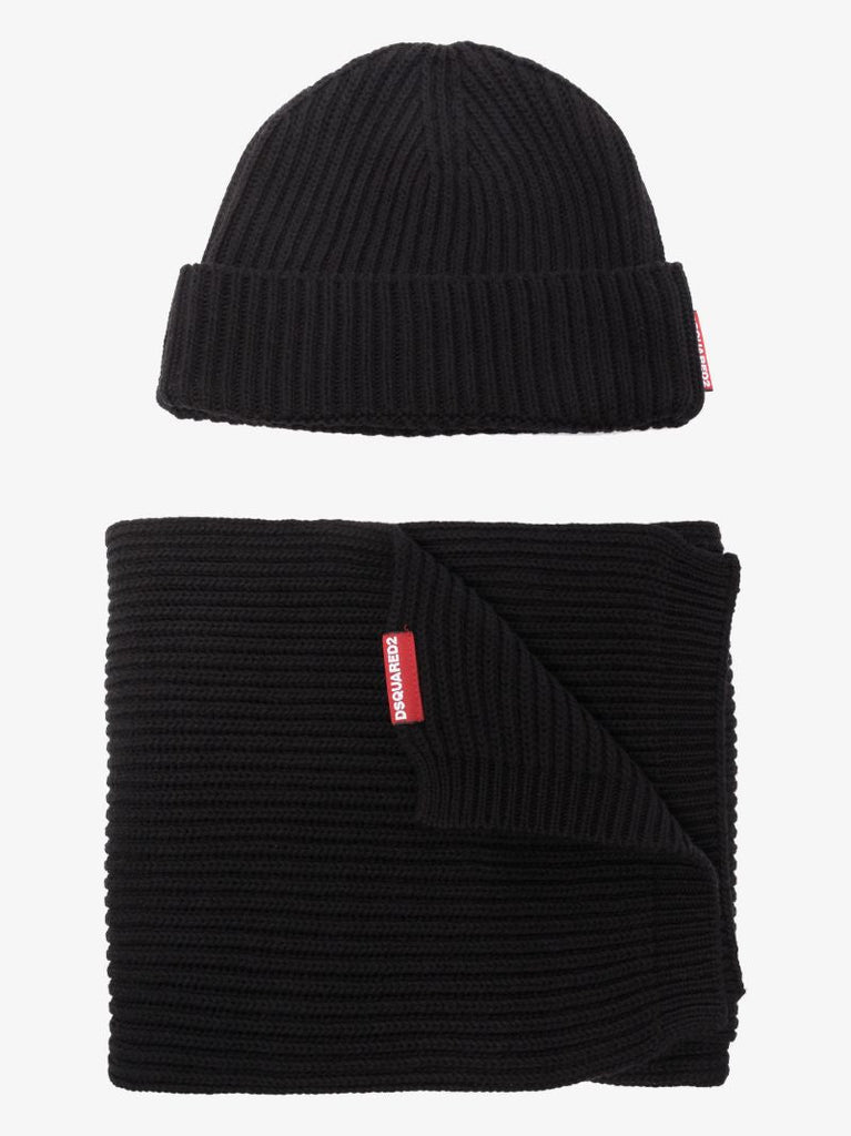 Black Ribbed Knit Hat and Scarf Set