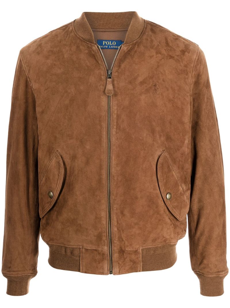 Embroidered-logo Suede Bomber Jacket