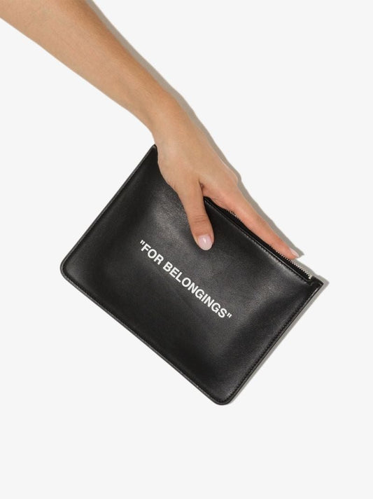 Black Quote Print Leather Pouch Bag