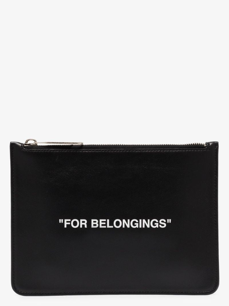 Black Quote Print Leather Pouch Bag