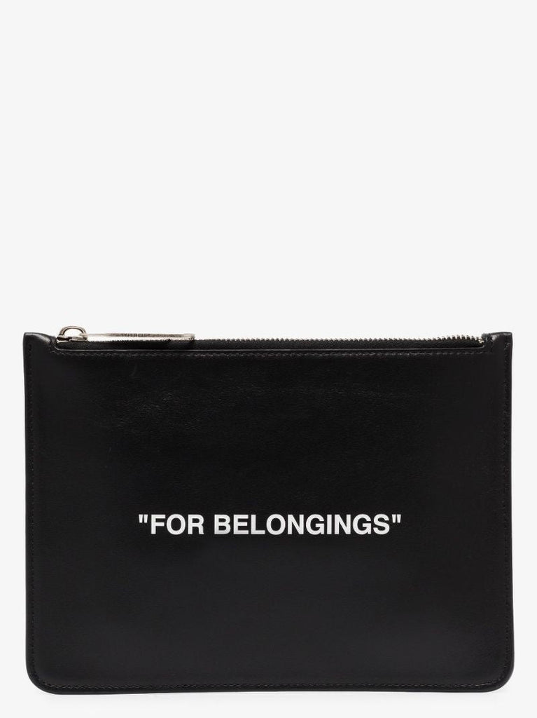 Black Quote Print Leather Pouch Bag