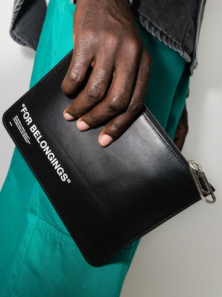 Black Quote Print Leather Pouch Bag