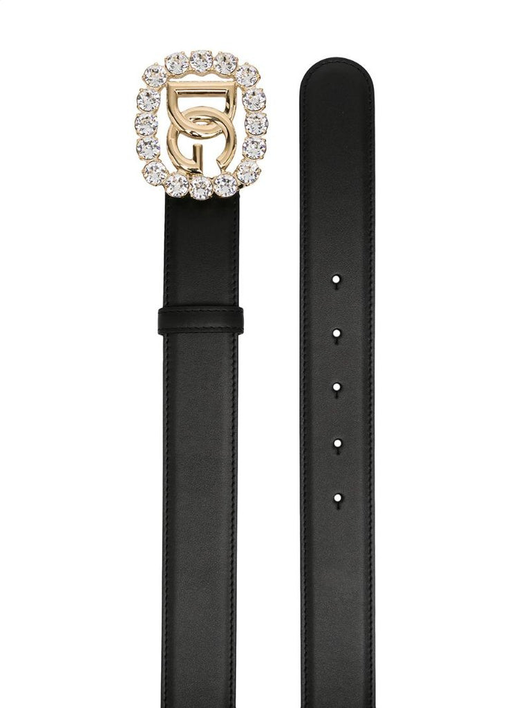 Black Dg Logo Crystal Leather Belt