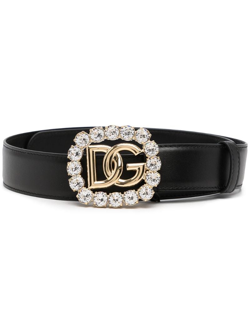 Black Dg Logo Crystal Leather Belt