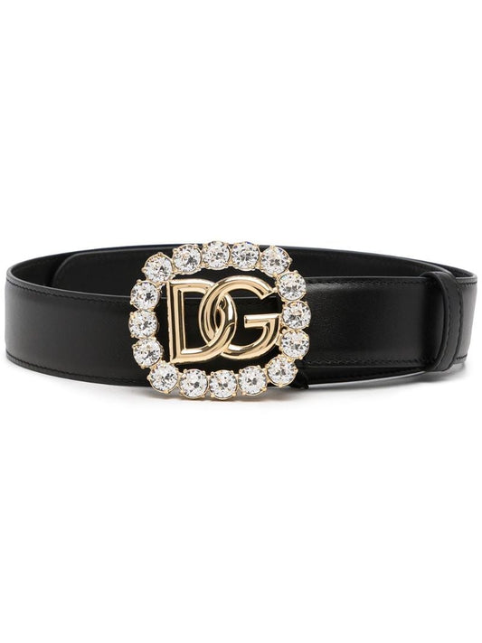 Black Dg Logo Crystal Leather Belt