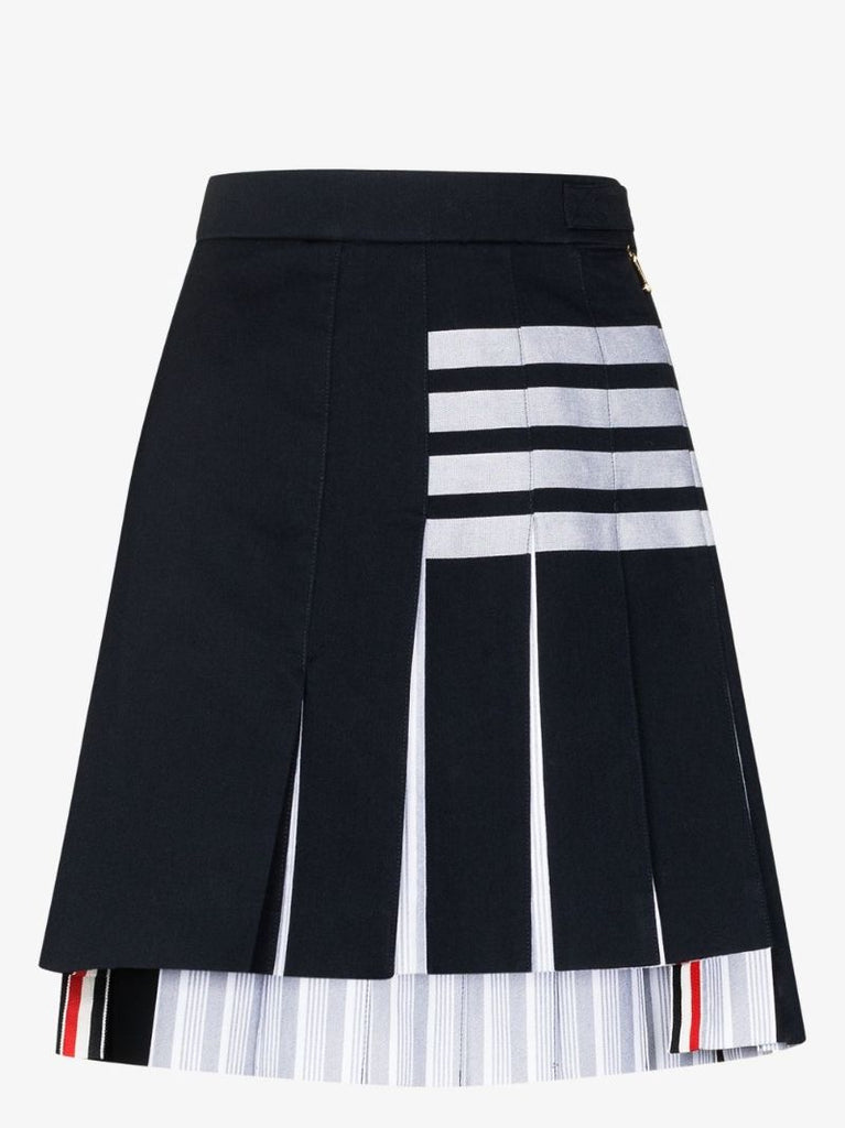 4-bar Stripe Pleated Cotton Mini Skirt