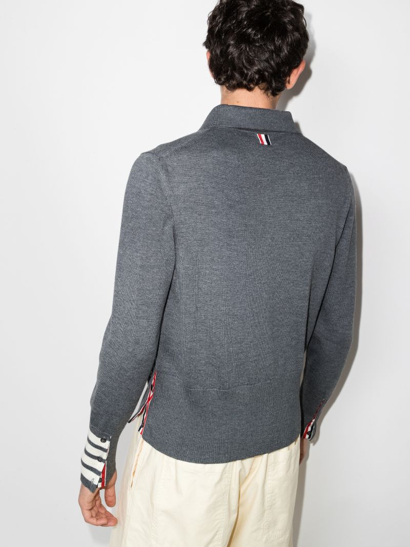 Grey 4-bar Stripe Long Sleeve Wool Polo Top