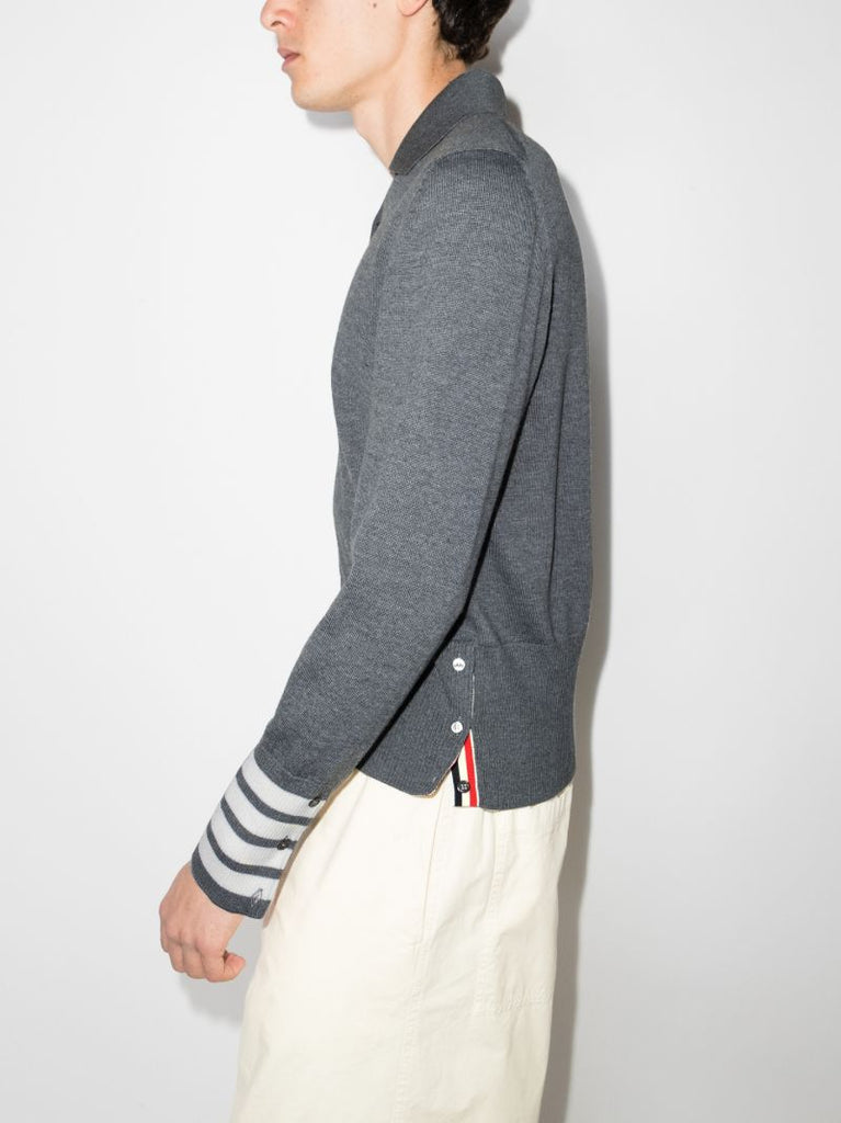 Grey 4-bar Stripe Long Sleeve Wool Polo Top