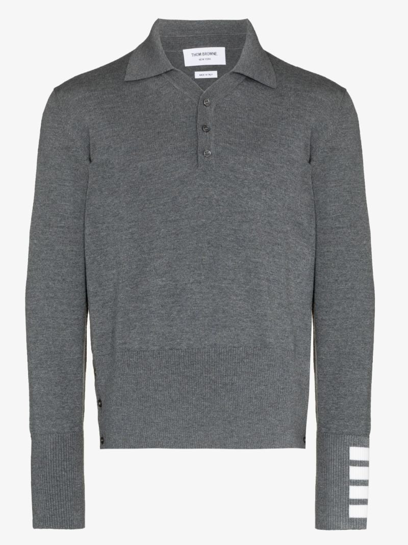 Grey 4-bar Stripe Long Sleeve Wool Polo Top