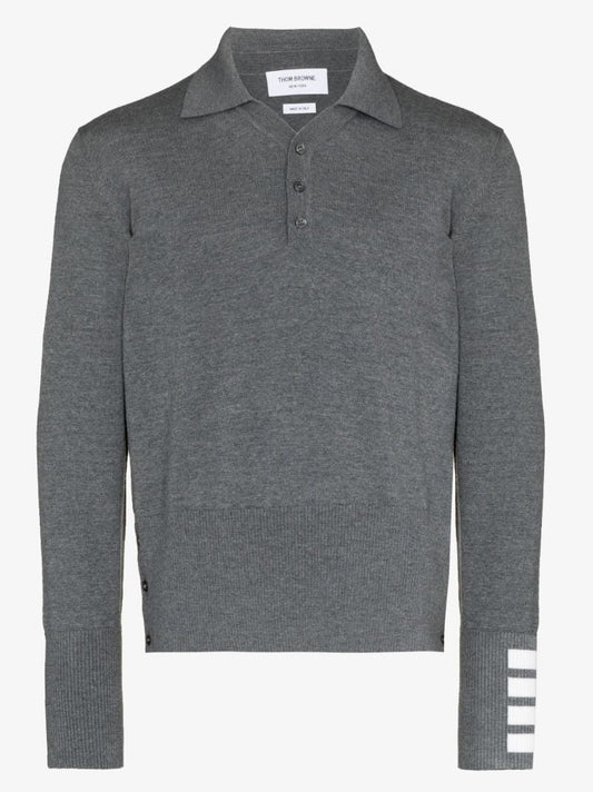 Grey 4-bar Stripe Long Sleeve Wool Polo Top