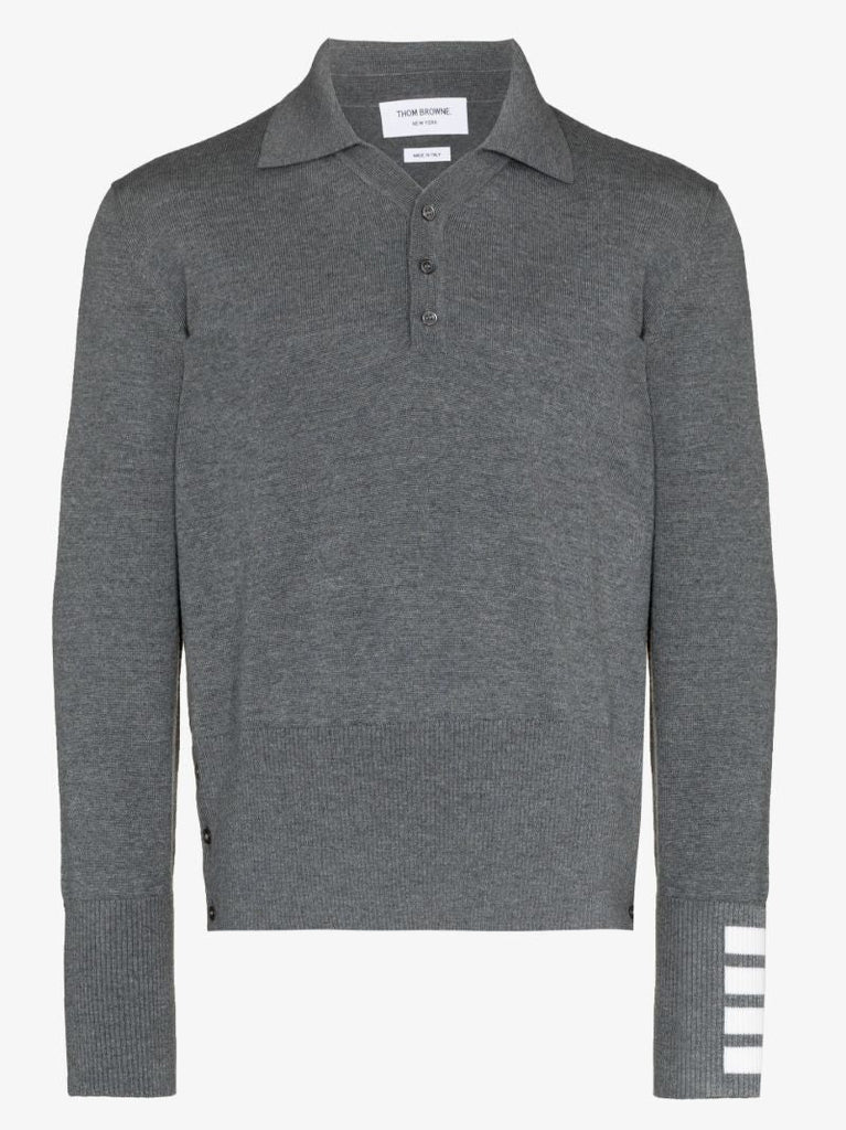 Grey 4-bar Stripe Long Sleeve Wool Polo Top