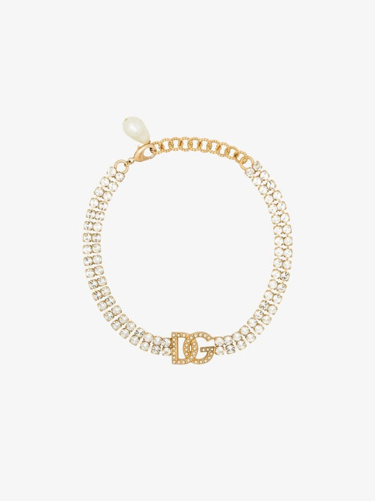 Gold Tone Crystal Logo Choker Necklace