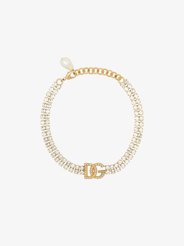 Gold Tone Crystal Logo Choker Necklace