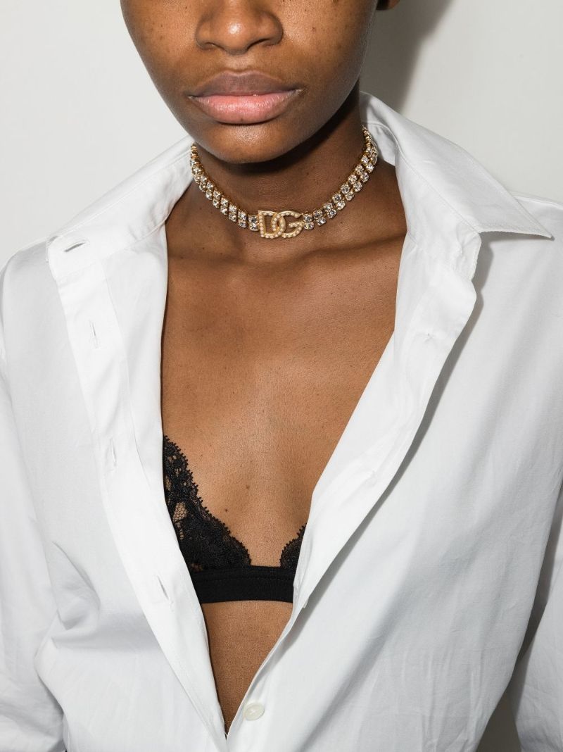 Gold Tone Crystal Logo Choker Necklace