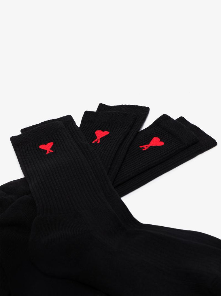 Black Logo Embroidered Cotton Socks Pack