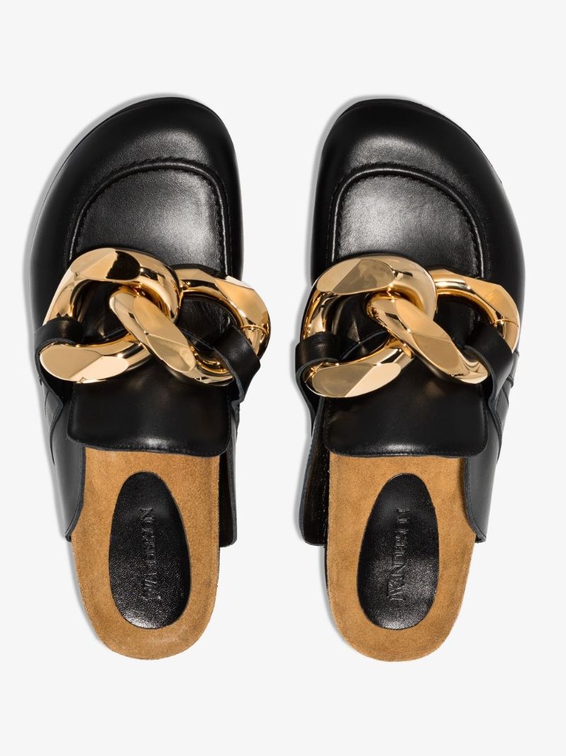 Black Chain Leather Mules