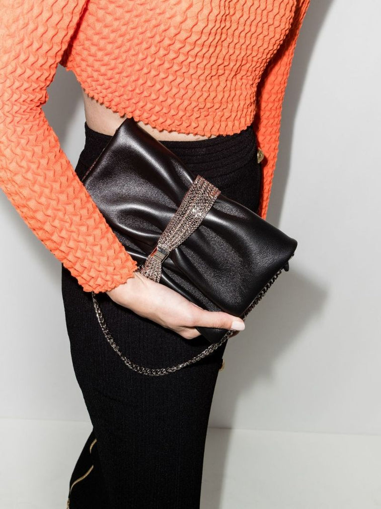 Black Daisy Leather Clutch Bag