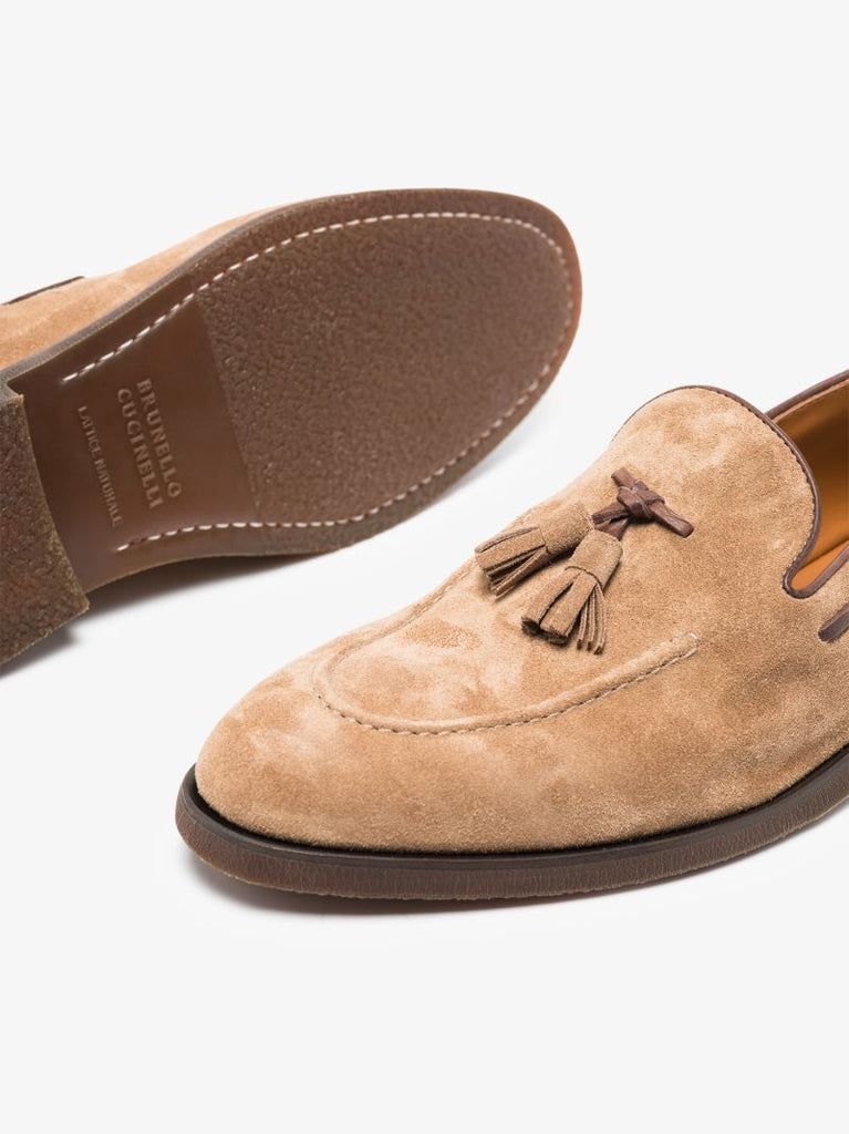 Beige Tassel Suede Loafers