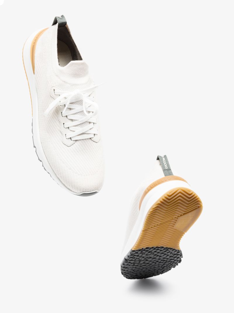 White Leather Trim Woven Sneakers