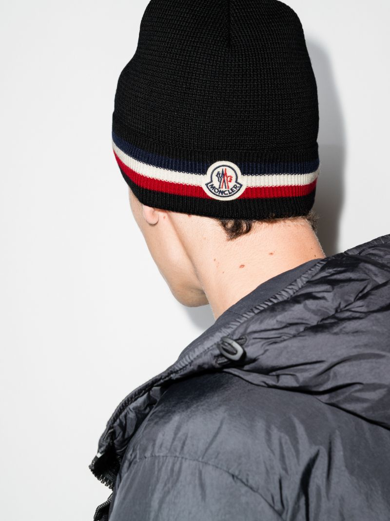 Black Logo Stripe Wool Beanie Hat