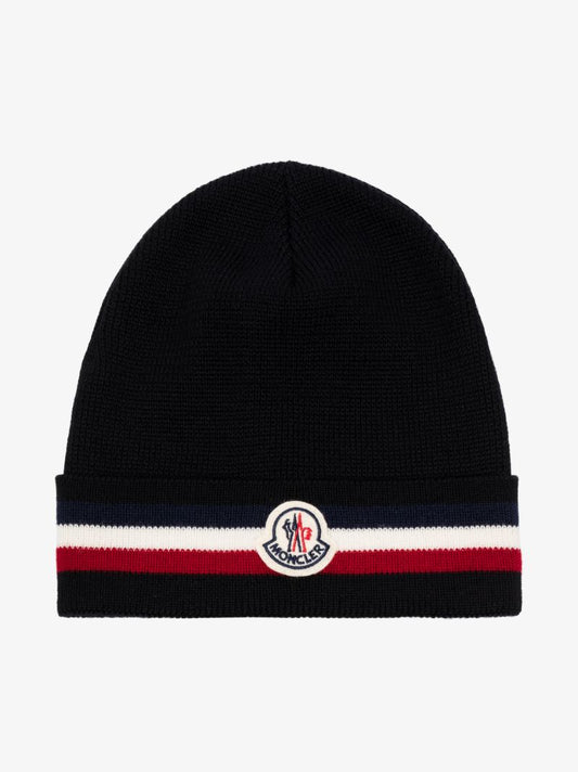 Black Logo Stripe Wool Beanie Hat