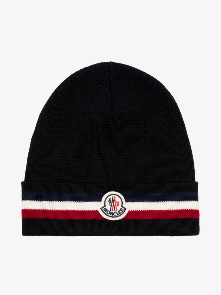 Black Logo Stripe Wool Beanie Hat