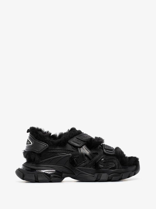 Black Track Faux Fur Sandals