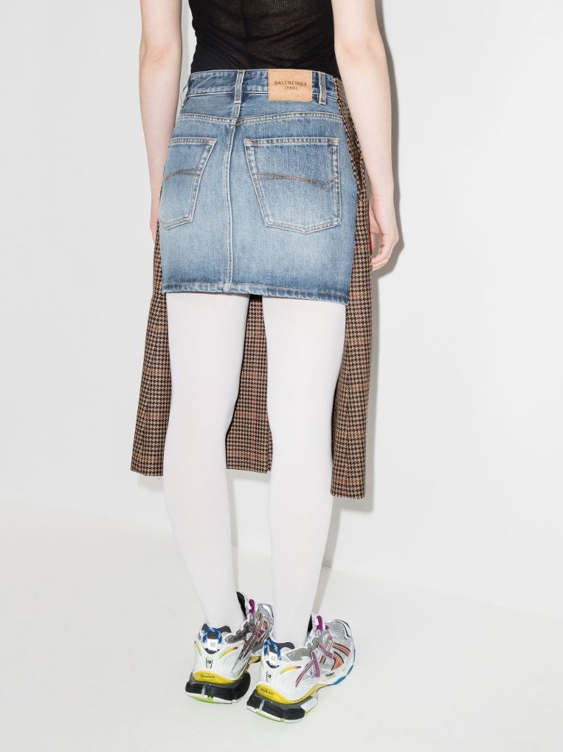 Contrast Houndstooth Front Denim Skirt
