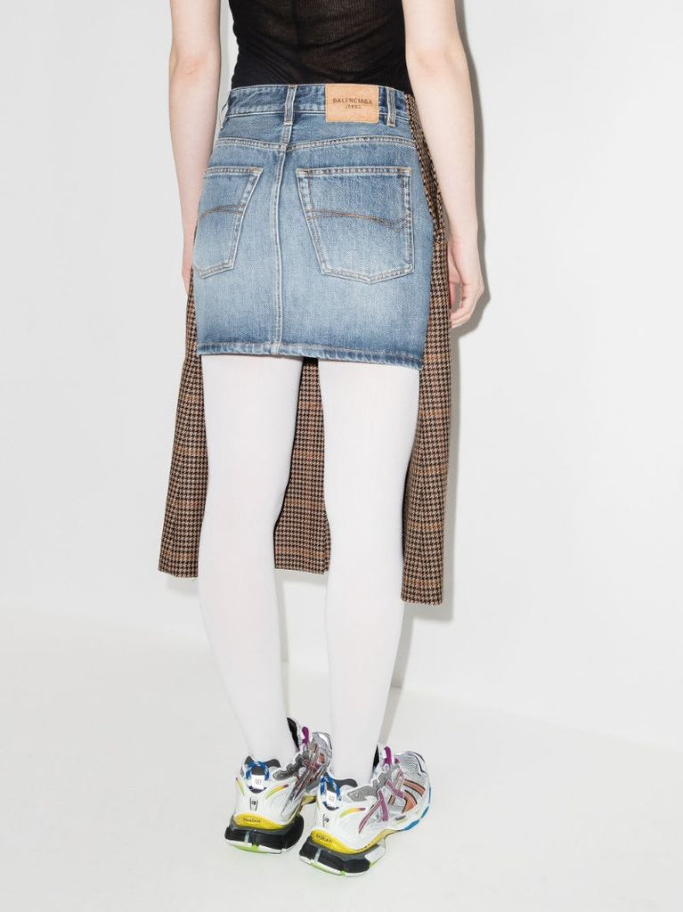 Contrast Houndstooth Front Denim Skirt