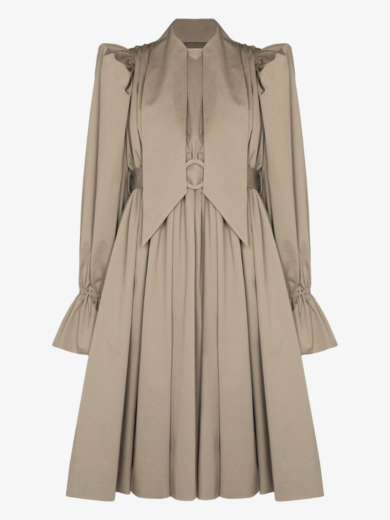 Neutral Puff-sleeve Midi Dress
