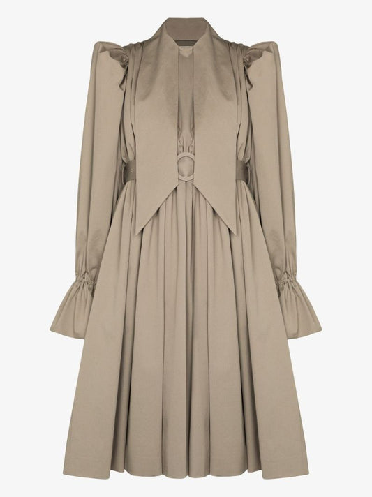 Neutral Puff-sleeve Midi Dress