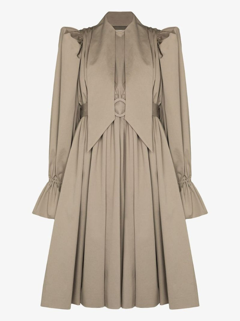 Neutral Puff-sleeve Midi Dress