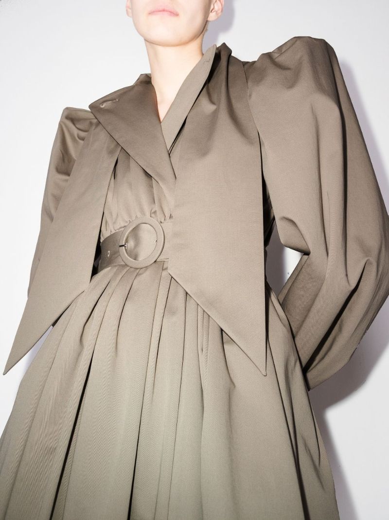 Neutral Puff-sleeve Midi Dress